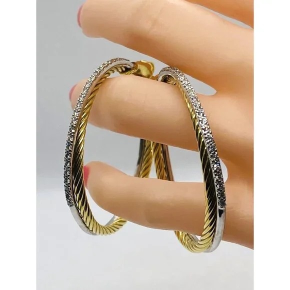 SOD!!! David Yurman 18K Yellow White Gold Diamond 47mm Crossover Hoop Earrings - Picture 12 of 14